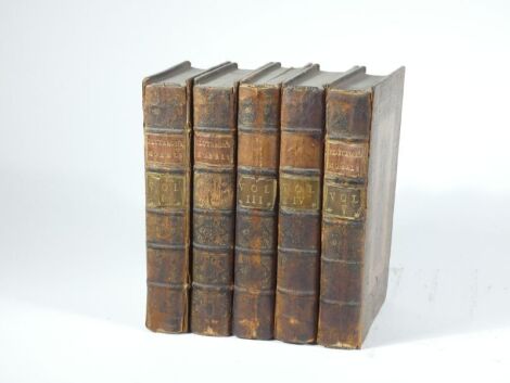 Plutarch.- MORALS... 5 vol., contemporary panelled calf, Morocco spine labels, boards loose but most held by strings, 8vo, T. Braddyll, 1704.