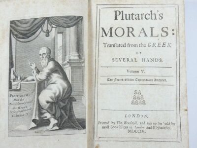 Plutarch.- MORALS... 5 vol., contemporary panelled calf, Morocco spine labels, boards loose but most held by strings, 8vo, T. Braddyll, 1704. - 5