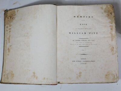 Tomline (George) MEMOIRS OF THE LIFE OF THE RIGHT HONORABLE WILLIAM PITT 2 vol., uncut and partially unopened, contemporary half calf over patterned boards, worn, large 4to, 1721. - 2