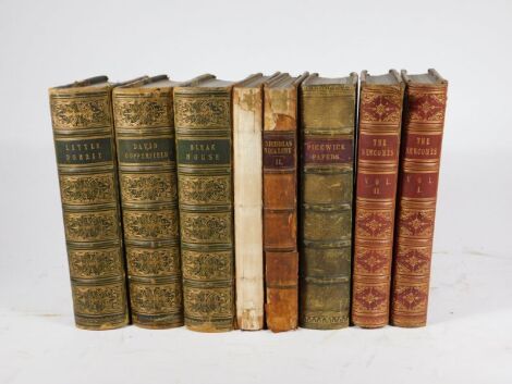 Dickens (Charles) LITTLE DORRIT, 1857; DAVIS COPPERFIELD, 1850; BLEAK HOUSE, 1853; NICHOLAS NICKLEBY 2 vol., spine lacking, 1839; PICKWICK PAPERS 1837, plates by H.K. Browne § Thackeray (William Makepeace) THE NEWCOMBES, 2 vol, 1854, engraved plates, many