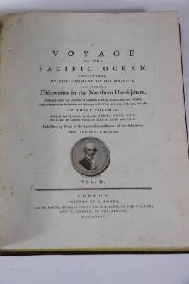 Cook (James Captain) [THIRD VOYAGE] A VOYAGE TO THE PACIFIC OCEAN, 3 vol. only (lacking atlas vol.), contemporary tree calf, engraved plates and folding, engraved maps, 4to, G. Nichol & T. Cadell, 1785. - 8