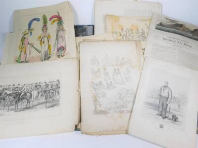 A portfolio containing 18th and 19thC prints and engravings, including political cartoons and another folio containing facsimile newspaper cuttings and others. - 2