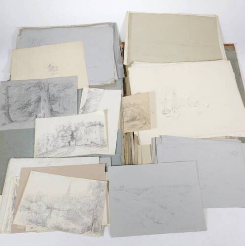 A 19thC portfolio with marbled boards and leather bindings, and a collection of pencil drawings and sketches by G. E. Howman