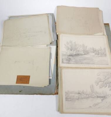 A 19thC portfolio with marbled boards and leather bindings, and a collection of pencil drawings and sketches by G. E. Howman - 2