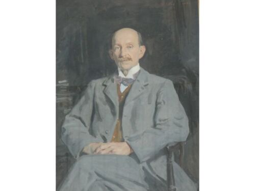 Reginald Grenville Eves (1876-1941). A portrait of Ernest Knightly Little in a seated three quarter length pose wearing a grey suit and bow tie, oil on canvas, signed and dated 1910, 116cm x 72cm.