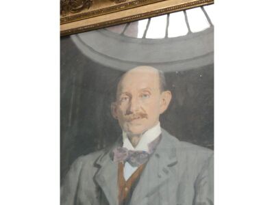 Reginald Grenville Eves (1876-1941). A portrait of Ernest Knightly Little in a seated three quarter length pose wearing a grey suit and bow tie, oil on canvas, signed and dated 1910, 116cm x 72cm. - 4