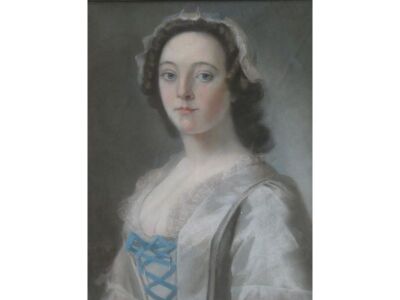 Robert Edge Pine (1730/42-1788). Head and shoulders portrait of a young lady wearing a mop cap and white silk gown with lace collar and blue ribbon, oil pastel, signed R Pine pinx. and dated October 1743, 53cm x 45cm. Label verso in pen scribed 'Mrs Nev