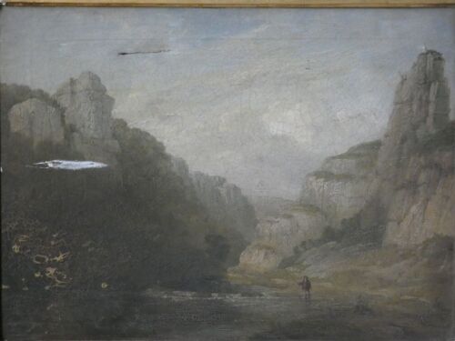 Early 18thC English School. Dovedale, Derbyshire with a view of the river and a fisherman, oil on canvas, 44cm x 60cm.