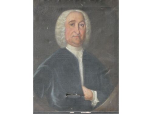 18thC English School. Portrait of a gentleman, half length pose, wearing a powdered wig and black gown, oil on canvas, 74cm x 64cm.