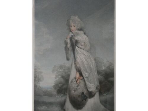 An 18thC coloured stipple engraving by F Bartolozzi, after Thomas Lawrence, entitled Miss Farren - Countess of Derby, published January 1792 by Bull and Jeffryes, Ludgate Hill London, 54cm x 34cm.