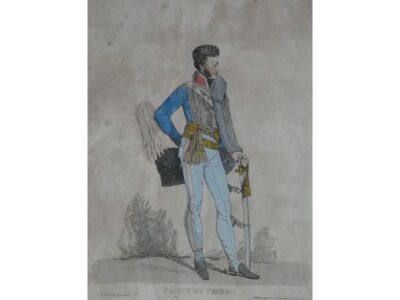 After Denis Dighton (1792-1827). "Prince of Prussia" line engraving with hand coloured decoration, published January 1815 by T Palser, Sunnyside Wester Bridge, in verre eglomise, 44cm x 34cm.