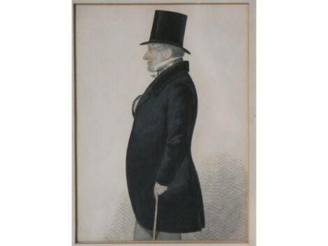 Richard Dighton (1795-1880). The three quarter length profile portrait of Mr John Little of Newbold Pacey, wearing a top hat and black tail coat and holding a walking cane, pencil and ink wash, 18cm x 13.5cm. Bears a label verso for John Norris, 123 High 