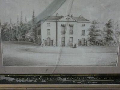 Withdrawn pre-sale by vendor. A 19thC English School. A view of the east elevation of Newbold Pacey Hall, the seat of William Little Esquire, pencil with wash, in verre eglomise, 38cm x 53cm. (AF) - 4