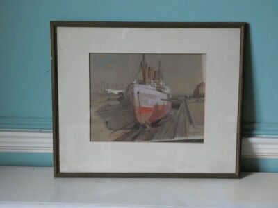 Withdrawn pre-sale by vendor. Sybil Allan Blunt (1880-?). A twin funneled steam ship in dry dock, watercolour and body colour on woven paper, signed and dated 1924, 30cm x 39cm. - 2