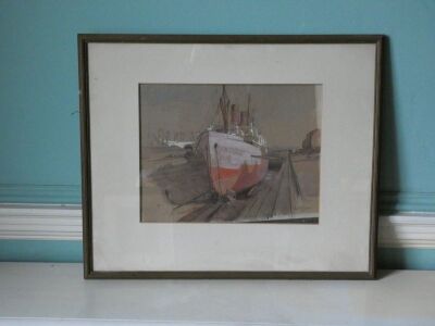 Withdrawn pre-sale by vendor. Sybil Allan Blunt (1880-?). A twin funneled steam ship in dry dock, watercolour and body colour on woven paper, signed and dated 1924, 30cm x 39cm. - 3