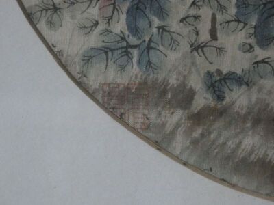 A pair of 20thC Chinese paintings on silk, depicting birds within flowering foliage and shrubs, 23.5cm diameter. - 5