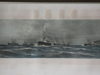 After Eduardo de Martino. The Channel Squadron July 1898, dedicated by gracious permission to Captain His Royal Highness The Duke of York KG, hand coloured monochrome lithograph, published by Thomas McLean, 1899, 62cm x 110cm. - 2