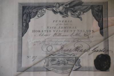 An engraved permit to the funeral of the late Vice Admiral Horatio Viscount Nelson (January 1806), admitting William Little Esq (handwritten) into the procession from the admiralty to St Paul's Cathedral, signed by Issac Head (the Garter King at Arms), an - 2