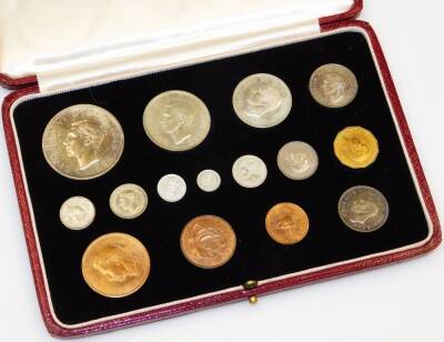 A set of George VI specimen coins for 1937, including Maundy money and fifteen coins in total in Royal Mint red Morocco leather fitted case. - 2