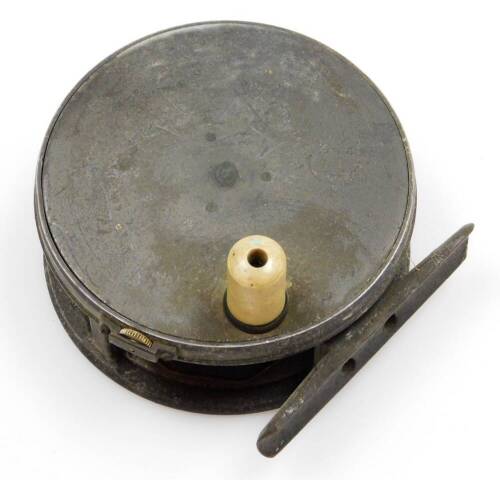 A vintage alloy fly reel by Farlow & Co Ltd (London), with ivorine handle and trade mark stamp, 9.8cm diameter.