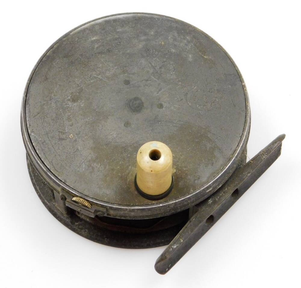 A vintage alloy fly reel by Farlow & Co Ltd (London), with ivorine handle  and trade mark stamp, 9.8cm diameter.