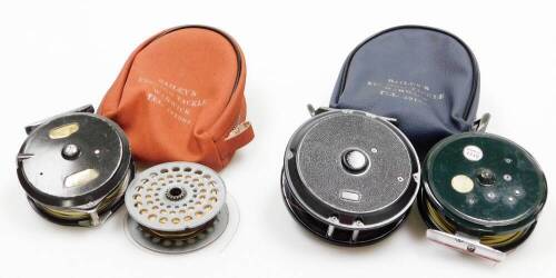 Withdrawn Pre-Sale by Vendor. A Shakespeare Super Condex salmon fly reel, 10.7cm diameter, an Intrepid Gear Fly (King Size) alloy fly reel and a spare spool, an Olympic 4340 fly reel and two reel cases, (5).