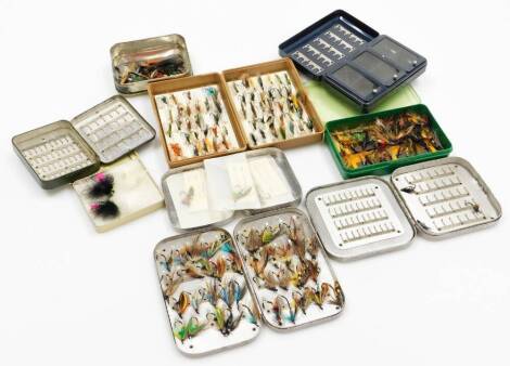 A collection of vintage and later salmon and sea-trout flies, three vintage alloy fly boxes and others.