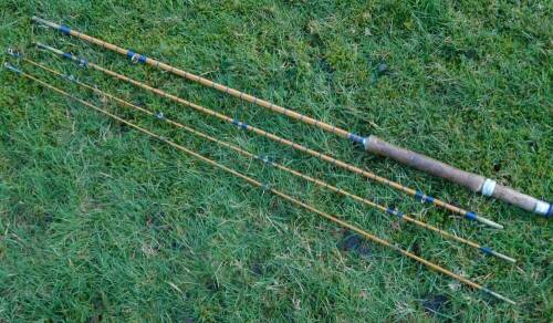 A vintage three piece split cane fly rod, with additional top section, 8', with Farlow & Co bag.