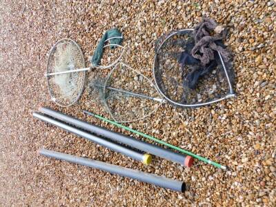 A mid 20thC alloy folding landing net, 62cm diameter, another folding landing net, two others, etc.