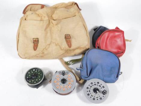 A Shakespeare beaulite alloy fly reel, spare spool, a glider fly reel, canvas bag and priest, etc.