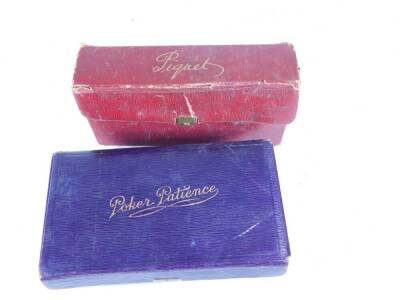 A vintage Poker and Patients purple Morocco leather card case, and piquet red Morocco leather card game case with contents. (2) - 2