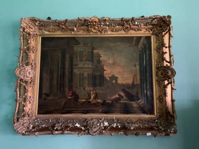 Attributed to Jacob Peeters (act.1675-1721). A Capriccio scene with figures in the foreground and the Arch of Titus beyond, oil on canvas, 18thC carved gilt and gesso frame, 84cm x 120cm. - 3