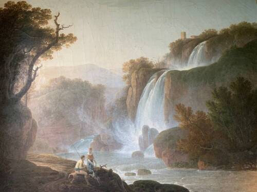 Jacob More (British 1740-1793). The Falls of Tivoli, with figures of a fisherman, his companion and dog in foreground, oil on canvas, signed and inscribed 'Roma 1790' (below the figures), 148cm x 201cm. Note: Paricia Andrew 'Jacob More, Biography and a