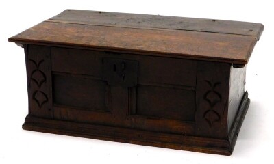 A late 17th/early 18thC oak Bible box, the panelled front carved with bell flowers, on a plinth base, adapted, 69cm wide.