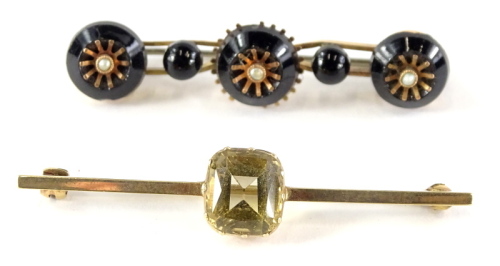 Two bar brooches, each of rectangular form, one inset with a citrine, the other seed pearls, etc.