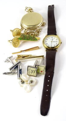 A quantity of costume jewellery, to include base metal and plated cufflinks, gold plated pocket watch, etc.