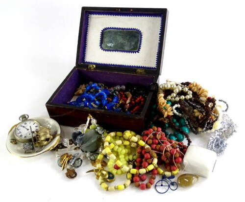 A quantity of costume jewellery, to include necklaces, brooches, a silver plated pocket watch, beaded necklaces, trinket dish, etc.