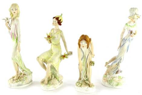 Various Albany Worcester bisque porcelain figures, to include girl holding a flower, 20cm high, others similar etc., with printed marks beneath. (4)