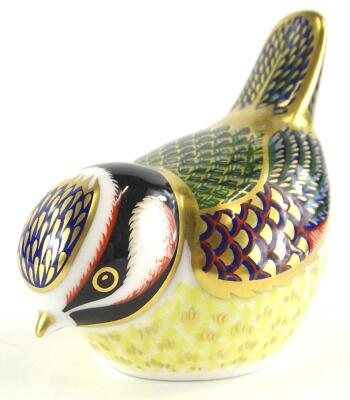 A Royal Crown Derby porcelain paperweight, modelled in the form of a Blue Tit, picked out in gilt, gold stopper to underside, 8cm long.
