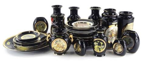 A large quantity of Chokin ware, to include vases, plates, etc., each embellished in 22 and 24ct gold, on a black ground.