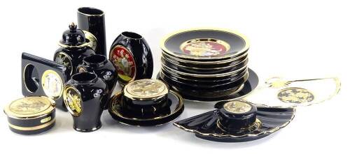 A large quantity of Chokin ware, to include vases, plates, two fan shaped dishes etc., each embellished in 22ct and 24ct gold, on a black ground.