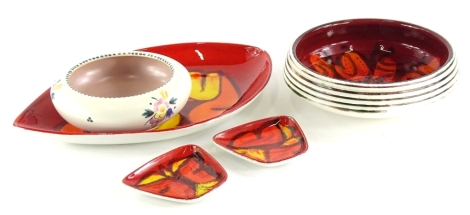 A quantity of Poole Pottery Delphis, to include a shallow bowl with ribbed decoration, an elliptical dish decorated with geometrical design on a red ground, and a Poole pottery bowl decorated with flowers, etc.