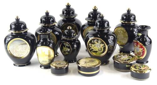 A large quantity of Chokin ware, to include vases, boxes and covers etc., each embellished in 22ct and 24ct gold, on a black ground.