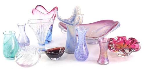 A collection of art glass, to include a Murano tri-form pink and white dish, other similar pieces, a Heron iridescent vase, etc.