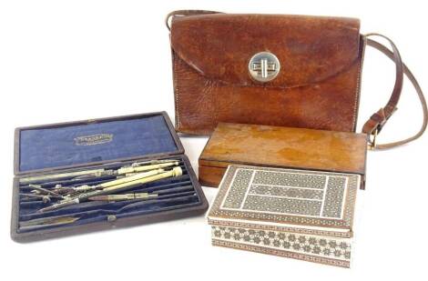 A collection of items, to include an early 20thC Indian ivory and mosaic box, a part set of drawing instruments with turned bone handles, brown leather handbag, etc.