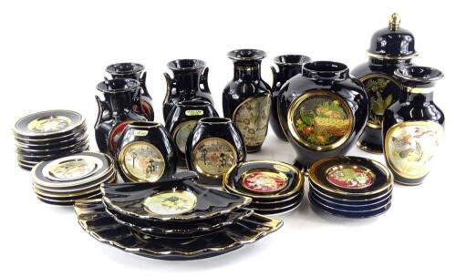 A large quantity of Chokin ware, to include vases, fan shaped dishes, and small plates or pin trays, each embellished in 22ct gold, on a black ground.