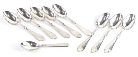 A collection of Danish silver coloured metal spoons, each stamped Babsa (8) and another similar stamped Atla 80.