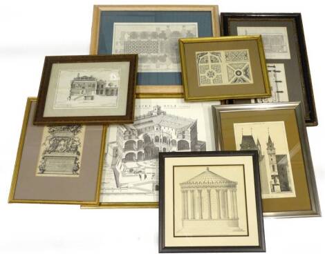 A large quantity of French and Italian architectural prints from the 19thC and later, to include the Tower of Jean-Sans-Peur Paris, a garden design, another titled Marbrerie, etc.