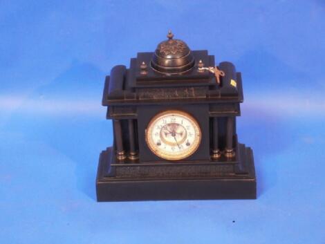 A 19thC Ansonia slate mantel clock with applied gilt metal decoration