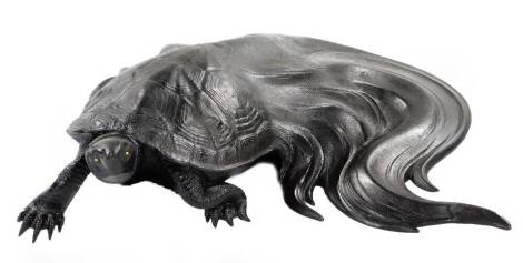 A fine Japanese iron okimono of a minogame (mythical turtle) with swirling hairy tail, signed Ryubundo, 25cm wide. The renowned Ryubundo family specialized in fine iron work, particularly water kettles (tetsubin) often used in tea ceremony. They began cre